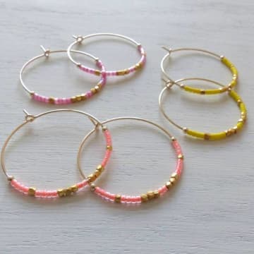 My Hart Beading Beaded Hoop Earrings Gold Beads Glass Beads Gold Wire In Yellow