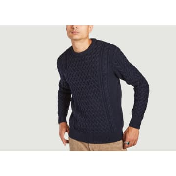 Sunspel Merino Wool Cable Knit Sweater In Navy