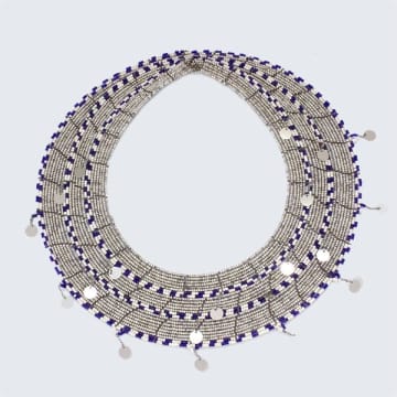 Aarven Silver Navy And White Beaded Maasai Collar In Metallic