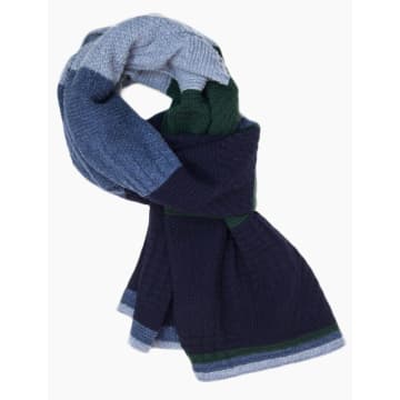 40 Colori Navy And Green Textured Thick Striped Knitted Wool And Cashmere Scarf In Blue