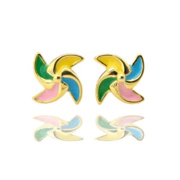Curiouser And Curiouser Enamel Sterling Silver Gold Plated Windmill Stud Earrings In Metallic