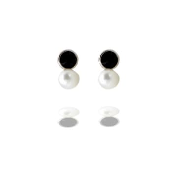 Curiouser And Curiouser Sterling Silver Pearl And Black Enamel Stud Earrings In Metallic