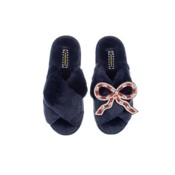 Laines London Slippers With Bow Brooch In Navy In Blue
