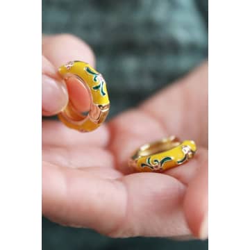 Lisa Angel Mustard Floral Enamel Hoop Earrings In Gold