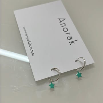 Anorak Sterling Silver Green Enamel Star Hoop Earrings In Metallic