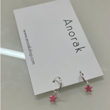 Anorak Sterling Silver Pink Enamel Hoop Earrings In Metallic