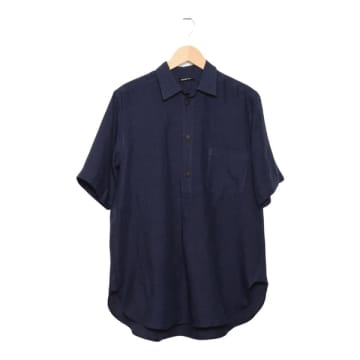 Frank Leder Belgian Linen Short Sleeved Shirt Navy In Blue