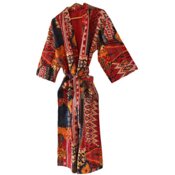 Behotribe  &  Nekewlam Red Cotton Kantha One Size Dressing Gown Siren Red