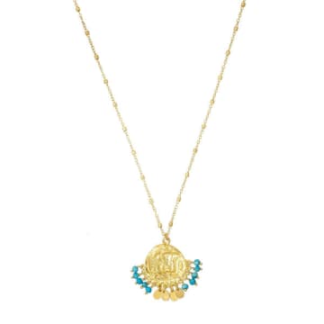Ashiana Short Necklace With Lily Coin And Semi Precious Turquoise Beads In Blue