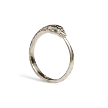 Rachel Entwistle Ouroboros Snake Ring Silver With Emeralds In Metallic