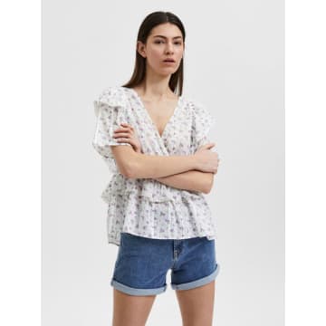 Selected Femme Susy Ruffled Top In White