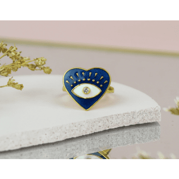 My Doris Navy Eye Heart Enamel Ring In Blue