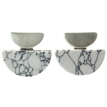 Lark London Art Deco Brushed Silver White Marble Studs In Metallic