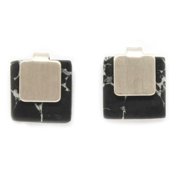 Lark London Abstract Square Black Marble Silver Studs
