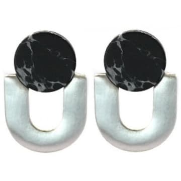 Lark London Art Deco Brushed Silver Black Marble U-shaped Studs In Metallic