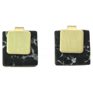 Lark London Abstract Square Black Marble Gold Studs