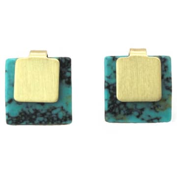 Lark London Abstract Square Turquoise Gold Studs In Blue