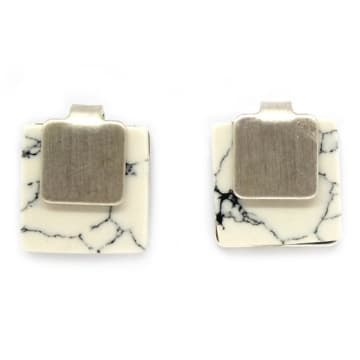 Lark London Abstract Square White Marble Silver Studs