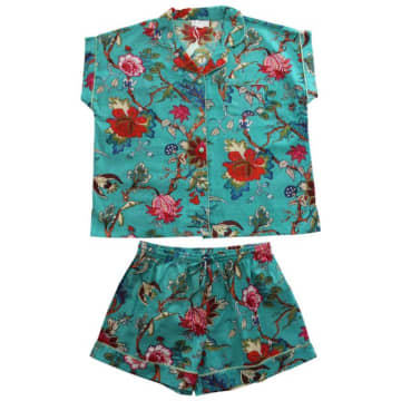 Powell Craft Kids' Ladies Teal Exotic Flower Print Cotton Short Pyjama Set In Blue