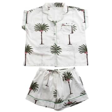 Powell Craft Kids' Ladies Palm Tree Print Cotton Short Pyjama Set In White