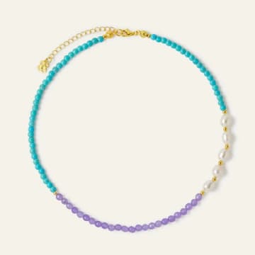 Ottoman Hands Vivia Pearl, Turquoise And Purple Jade Beaded Necklace In Blue