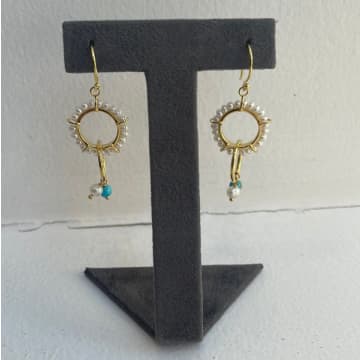 Claudia Bradby Turquoise Boho Pearl Double Hoops Gold In Blue