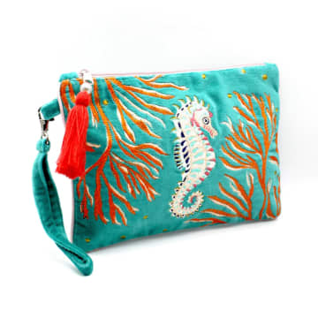 House Of Disaster Coral Seahorse Velvet Clutch Bag In Pink