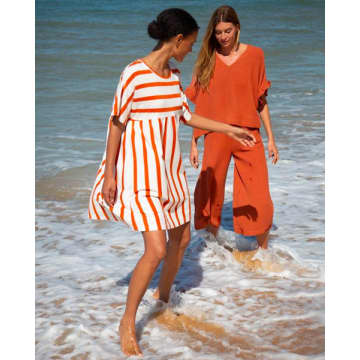 Beaumont Organic Ss23 Lois-sue Organic Cotton Stripe Dress In White & Sunset Orange Stripe