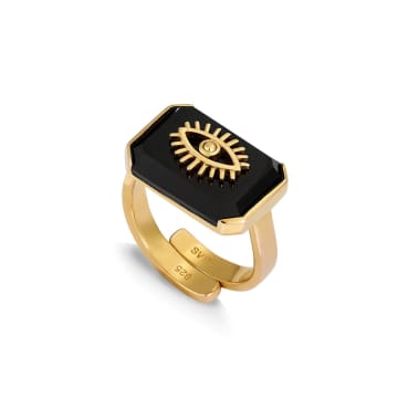 Svp Jewellery Fortuna Black Quartz Evil Eye Adjustable Ring In Gold