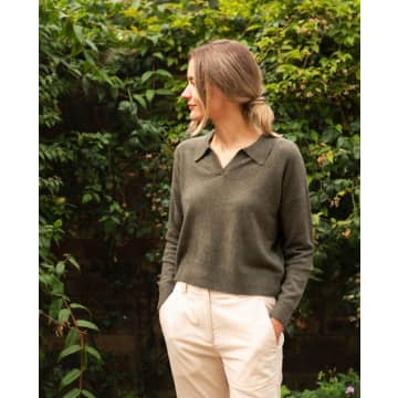 Absolut Cashmere Pia Khaki Collared Knit In Neutrals