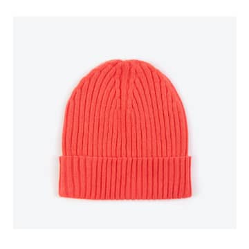Miss Pompom Coral Wool Ribbed Beanie Hat In Pink