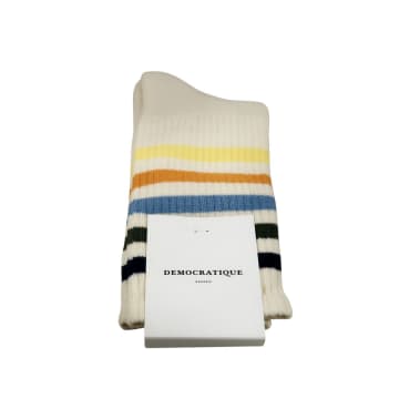 Democratique Socks Men's Socks – Super Stripes – Off White/blue/army/palm Springs Blue/orange/yellow