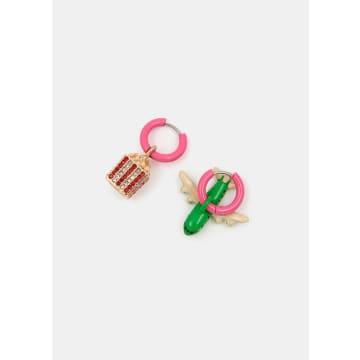 Essentiel Antwerp Pink And Green Colanda Earrings With Airplane And Popcorn Pendants