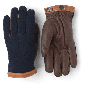 Hestra Navy And Chocolate Deerskin Wool Tricot Gloves In Blue
