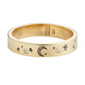 Posh Totty Designs Moon & Starburst Gold Plated Diamond Ring In Metallic