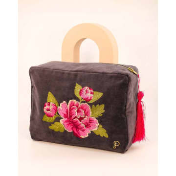 Lilac Rose Powder Painted Peony Velvet Wash Bag In Charcoal