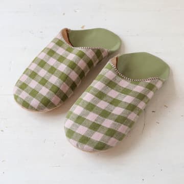 Bohemia Gingham Check Babouche Slippers In Green