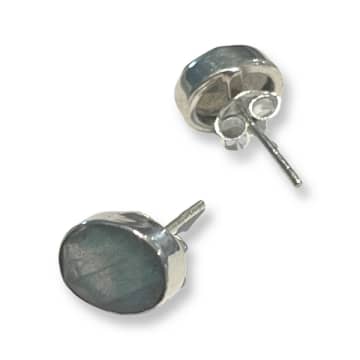 Siren Silver Single Crystal Oval Earrings In Sage In Metallic