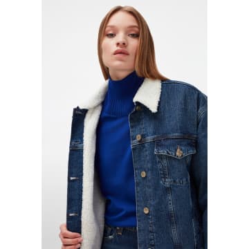 7 For All Mankind Denim Easy Jacket With Faux Fur Lining In Blue