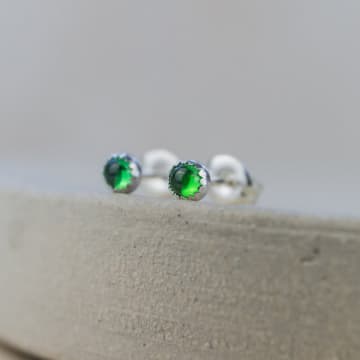 Lucy Kemp Sterling Silver Emerald Stud Earrings In Metallic
