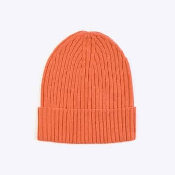 Miss Pompom Orange Wool Ribbed Beanie Hat