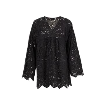 Attic Womenswear Broderie Anglais Long Sleeve V Neck Top In Black