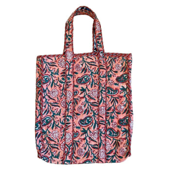 Behotribe  &  Nekewlam Tote Bag Cotton Kantha Quilted Reversable Block Print Coral Blue In Pink