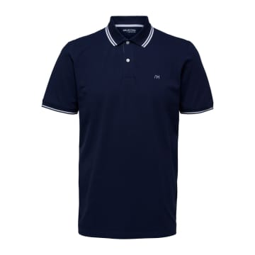 Selected Homme Marine Polo In Liseré Blanc In Blue
