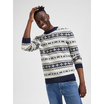 Shop Selected Homme Ecru Sweater With Marine Winter Pattern In Blue