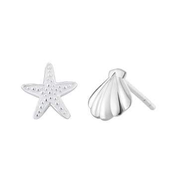 Posh Totty Designs Sterling Silver Starfish And Shell Stud Earrings In Metallic