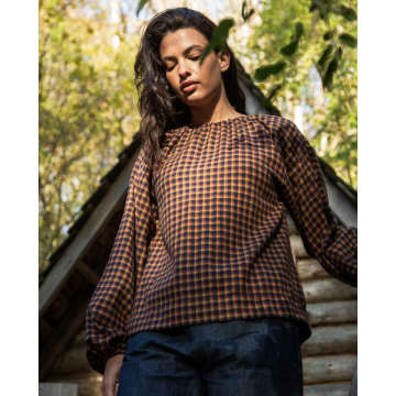 Beaumont Organic Aw23 Elodie-cay Organic Cotton Brushed Twill Blouse In Navy And Mustard Check In Blue
