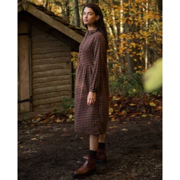 Beaumont Organic Aw23 Brier-cay Organic Cotton Brushed Twill Dress In Navy And Mustard Check In Blue
