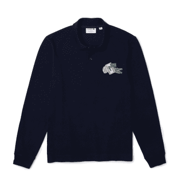 Lacoste Holiday Long Sleeved Polo Crocodile Badge Dark Navy In Blue
