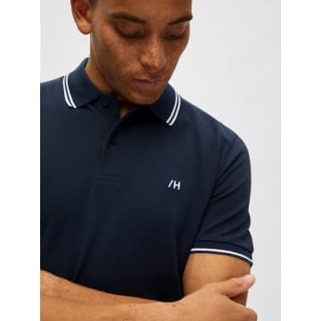 Selected Homme Marine Polo In Liseré Blanc In Blue